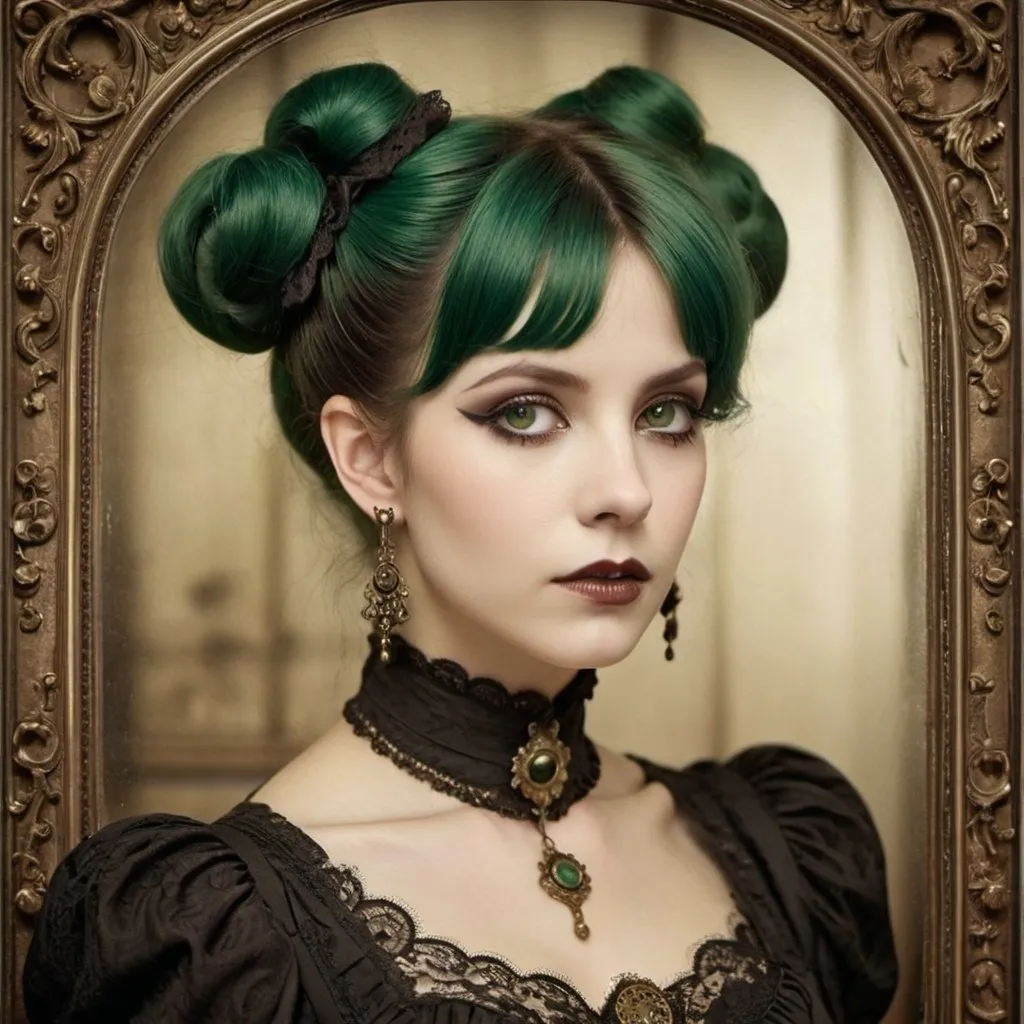 Prompt: victorian_esoteric, victorian poster of a woman, (RSEEmma:1.5)<lora:RSERomantic_RSESofiko_RSEEmma-v1:0.3>, blunt bangs, green hair, twin buns, brown eyes, edgEarPiercing, ear piercing, earrings, full lips, <lora:Uva:0.8> <lora:weight_slider_v2:1> <lora:edgEarP_LoRA:0.7> <lora:victorian_esoteric-10:0.6> ethereal, lace, vintage, melancholic, elegant, ghostly, intricate, sepia tones, ornate frame, mysterious, faded, portrait, enigmatic, wistful, romantic, gothic, elaborate, Victorian era, dark beauty, time-worn, haunting allure, antique, captivating, Victorian fashion