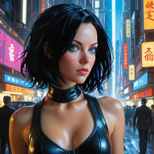 Prompt: aeon flux, black hair, blue eyes, half body, interior, futuristic city, <lora:Aeon_Flux_Style-09:. 65>, impressionistic style, loose brushwork, dappled light, vivid colors, evocative atmosphere, expressive movement, painterly textures, intricate design and details, hyper detailed, hyper realistic, 4d dimension, ultra-detailed, highest detail quality, ultra-realistic, photography lighting --ar 25:31 --quality 2 --s 750 --v 5. 1