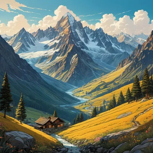 Prompt: Beautiful scenic mountain view! By national Geographic: : thick ink outlines: calligraphy: Jean Baptiste Morgue: intricate hyperdetailed fluid gouache illustration by Android Jones: By Ismail İnceoglu: James Jean: Erin Hanson: Dan Mumford: professional photography, natural lighting, volumetric lighting maximalist photo illustration: by marton bobzert: 8k resolution concept art intricately detailed, complex, elegant, fantastical