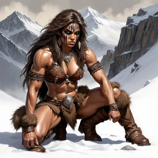 Prompt: Stunning full-body color sketch of a strong and beautiful barbarian warrioress crouching. Fierce warm brown eyes and long tousled dark brown sable hair. Tan skin, boots and armor of brown leather and fur. Black war paint upper half of face. Sketched snowy mountain landscape background. Volumetric and dynamic lighting. Hyperrealistic photorealistic hyperdetailed maximalist masterpiece. Incredible dark romance fantasy