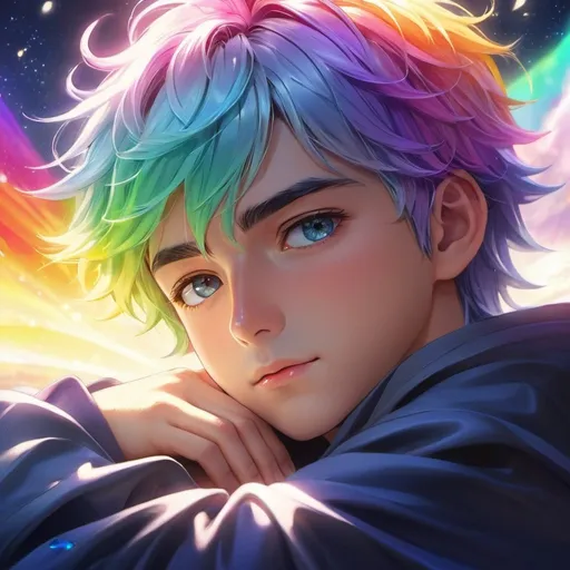 Prompt: 1male, small boy, (multi-coloured hair)+, sleeping, dreaming, opaque glass, light pastel, neon, (colourful)+, bright colours, brilliant, glowing, (radiant)+, vivid, lively, animated, dramatic, picturesque, phenomenal, (beautiful lighting)+, sun beams, male focus, eyebrows visible through hair, beautiful eyes, fantasy, (unique)+, (symmetry)+, (no deformation)+
