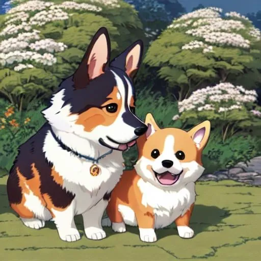 Prompt: detailed corgi with a baby in the background, delicate features, rich colors and details, art by shinkai, studio Ghibli, highly detailed, HD,smooth --v5 --q 2 --s 750