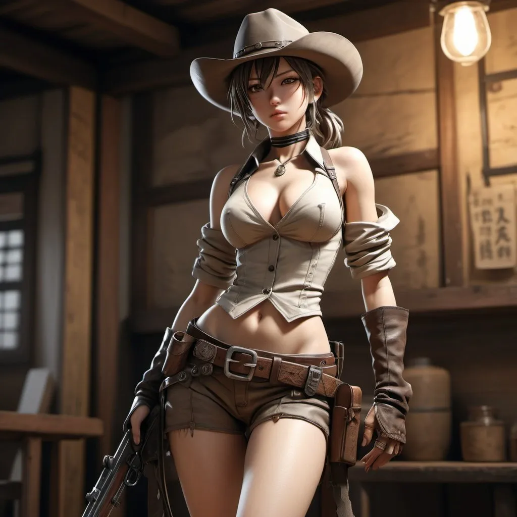 Prompt: full body view, hyper realistic and highly detailed, an incredibly beautiful female anime cartoon character, inspired by (Yoji Shinkawa:1.2) and (Itō Jakuchū:1.1) , wild west style, rustic, old west style, bold lines, award winning, limited color palette, high contrast, depth of field, (intricate details, masterpiece, best quality:1.4), dramatic lighting, beautiful composition, looking at viewer, dynamic pose

