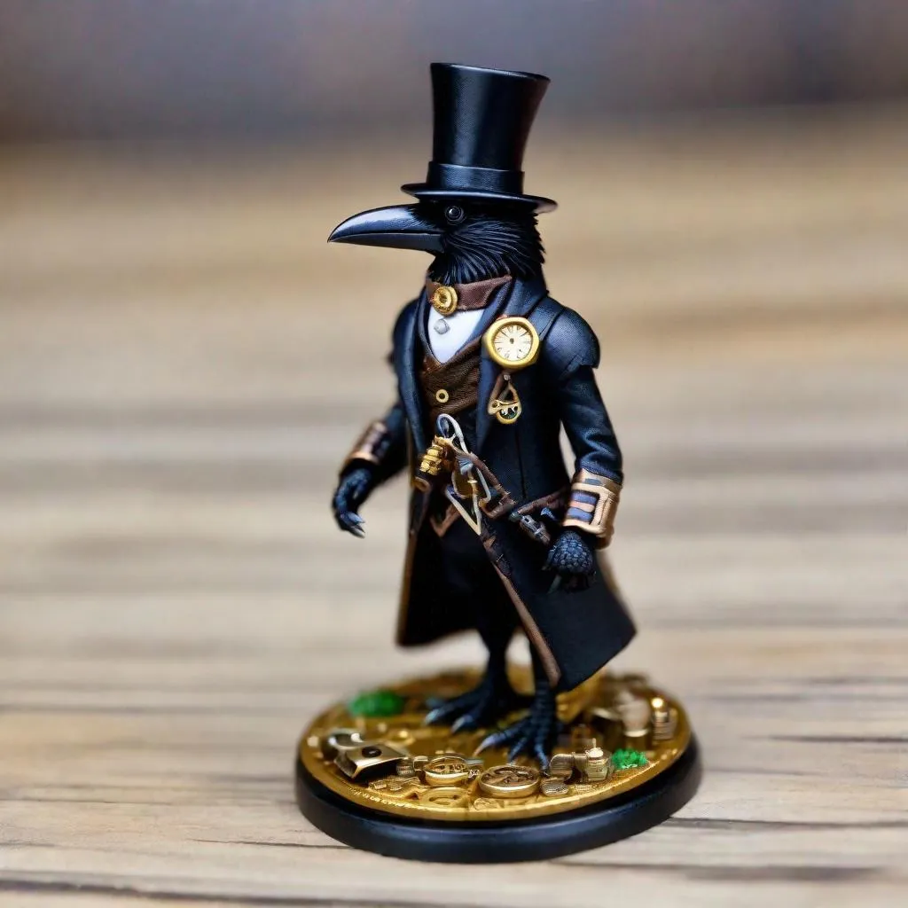 Prompt: steampunk anthropomorphic Kenku crow in a fancy suit, miniature, dnd game, high detail, sharp focus --ar 3:4