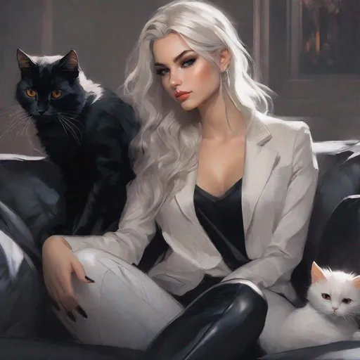 Prompt: blond haired woman sitting on a couch with two cats, artwork in the style of guweiz, 1 7 - year - old goth girl, punk attitude, charlie bowater and artgerm, staring you down, covid-19 as a human, long grey hair, stunning drawing