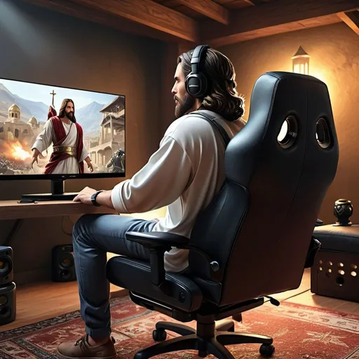 Prompt: Jesus playing Call of Duty with xbox controller, in a gaming chair, backshot, sitting in temple, watching large television with huge speakers, 8k, trending on artstation, illustration, UHD, 4K, high resolution face, detailed face, high definition eyes, detailed eyes
