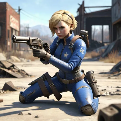 Prompt: fallout 4, post-apocalypse, wasteland, corpse,   (best quality, masterpiece, bokeh, highres) solo, full body, 1girl, VaultGirl, blonde_hair, short_hair, from side, crouch,  <lora:vaultsuit:0.45>, blue vaultsuit, leather armored, without pipboy3000, holding gun, aiming
 <lora:more_details:1>