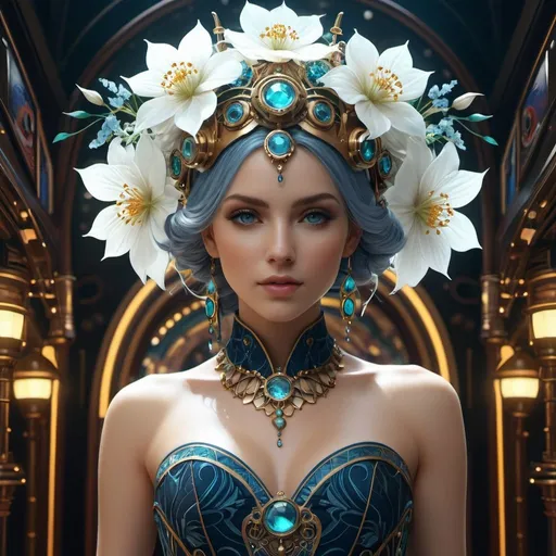 Prompt: Faire. little fusion pojatti realistic  steampunk, fractal isometrics details bioluminescens : a stunning realistic photograph  italian  character  beautiful awesome with  big white flowers tiara of wet bone structure, 3d render, octane render, intricately detailed, titanium decorative headdress, cinematic, trending on artstation | Isometric | Centered hipereallistic cover  photo awesome full color, ,  hand drawn, dark, gritty, realistic  mucha, klimt, erte .12k,  intricate. hight definition , cinematic,Rough sketch, mix of bold dark lines and loose lines, bold lines, on paper , full body with velvet dress, humanoid, Full body, 4K, 8k, high definition texture, high quality, in an arcade room