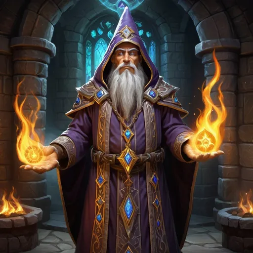 Prompt: image depicting a wizard from the World of Warcraft universe. The setting is inside stone medieval tower, rich with lore and adorned with symbols of their faith. the wizard, should be in the midst of casting a powerful fire spell over a alchemical lab, The scene should capture the intricate details of the priest's ceremonial attire and the ambient magical glow.