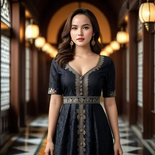 Prompt: beautiful Indonesian women looks like Chelsea Islan, black cotton fabric silk texture dress, soft lighting, symmetry, fashion, ultrarealistic,full body, world masterpiece, perfect composition, intricate details, hyperrealistic, super detailed, Azulejo, HDR, 8k, high quality, unreal engine