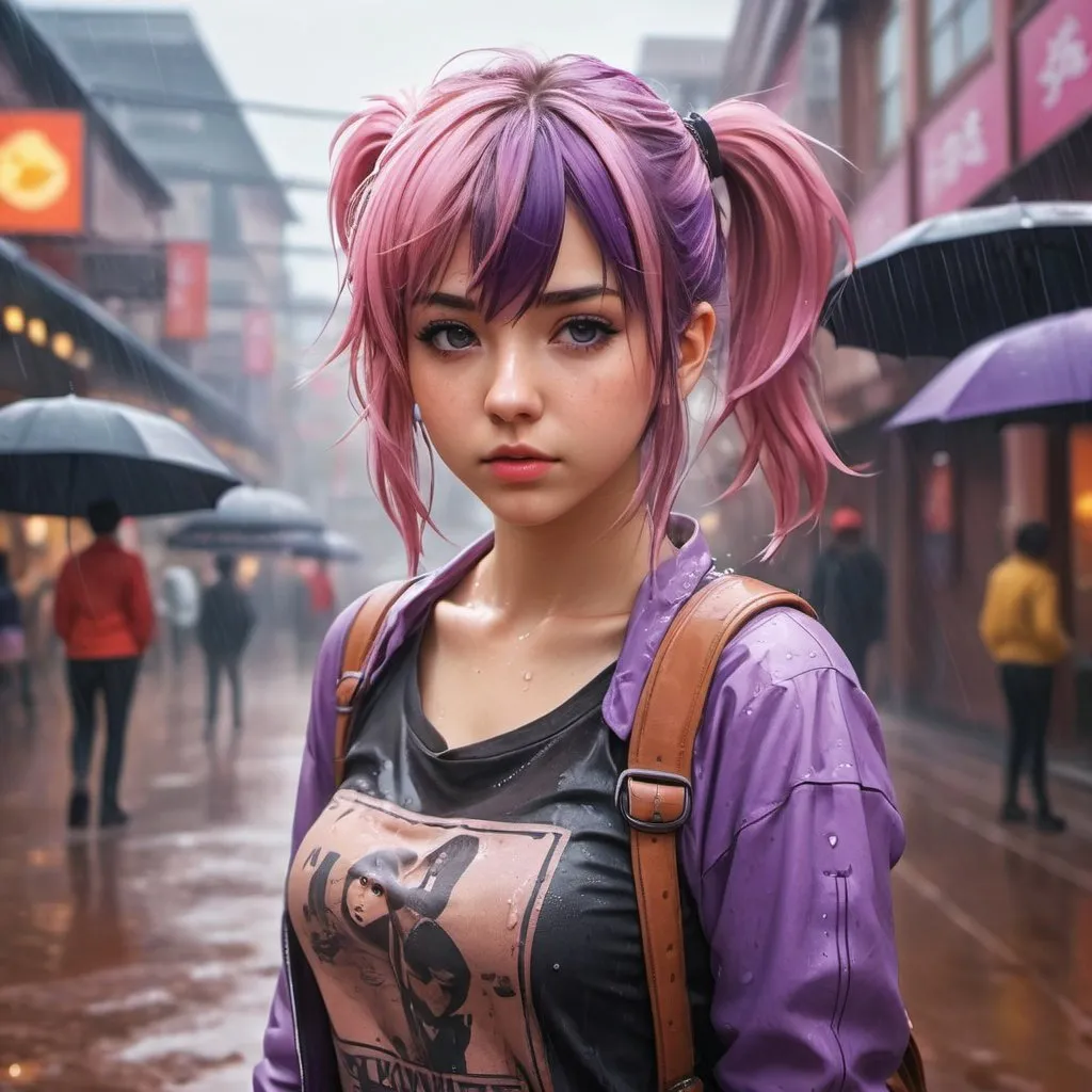 Prompt: steampunk, a beautiful sad young woman outside wearing a dirty torn shirt middle of a street soaking wet, pink and purple hair, ponytails, muddy, rain, epic realistic, imperfect skin, blemishes, photo, faded, complex stuff around, intricate background, neutral colors, ((((hdr)))), ((((muted colors)))), intricate scene, artstation, intricate details, vignette, on trimmed hat, anime vibes, anime style. 8k, ilya kuvshinov. 4 k, ( ilya kuvshinov ), the anime girl is crouching, an anime girl, ilya kuvshinov style, anime styled, anime artstyle, very very low quality picture, anime style mixed with fujifilm, the anime girl is crouching, in a mall, an anime girl, ilya kuvshinov style, anime styled, anime artstyle, very very low quality picture, anime style mixed with fujifilm