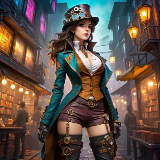 Prompt: score_9, score_8_up, score_7_up, score_6_up,
rating_questionable, masterpiece, best quality, highly detailed, expressive,  an image of a vibrant, color-saturated pop-up book. steampunk detective woman wearing low rise pants and thigh high boots crop top and jacket, thigh gap, intricate clockwork city, evening, dark, atmospheric, mist, silly, comfty, vivid alluring eyes, best quality masterpiece, detailed, 8k, HDR, shallow depth of field, broad light, high contrast, backlighting, bloom, light sparkles, chromatic aberration, smooth, sharp focus, prompt saving