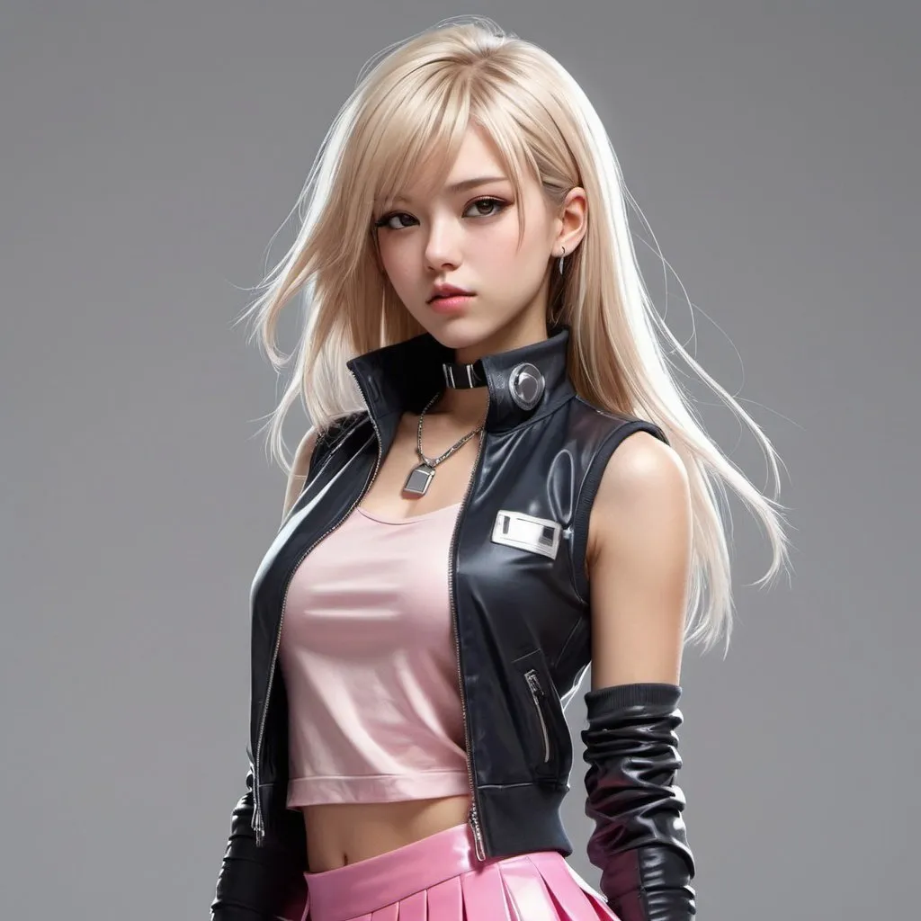 Prompt: full body portrait, cyber punk, graphic design, pink electronic, girl's face, side view, pretty and cute, silver shiny necklace, silver background, gleaming lips, white skin, solo, skirt, blue skirt,  sleeveless jacket, jacket, sleeveless, blonde hair, straight hair, miniskirt, white jacket, hair between eyes, brown eyes, shirt, open clothes, looking at viewer, very long hair, bangs, simple background, open jacket, turtleneck, black shirt, shiny hair, happy smirk, floating hair, shiny, sketch, pencil skirt, sleeveless shirt