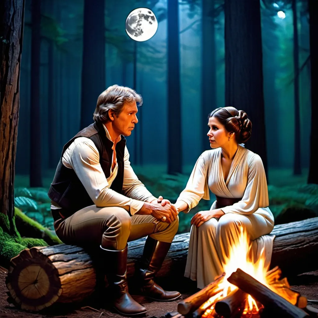 Prompt: Han Solo and Princess Leia staring at each other, sitting on large log holding hands in dark forest, moonlight shining down, at a campfire