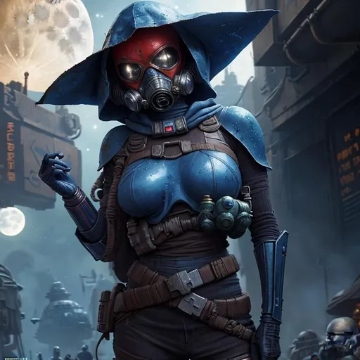 Prompt: star wars, a female alien merchant with gasmask attachment to metal rusty helm showing random alien artifacts in a stall with alien writing, busy marketplace at different aliens, blue skinned, Full-body portrait, detailed beautiful eyes, epic full moon in background, dark city, windy with clouds, 8k, dim lighting, by Frank Frazetta and Wally Wood 