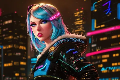 Prompt: A detailed portrait of a cyberpunk Taylor Swift as a cyborg in a Futuristic Cityscape and Neon blue, Street Art, Graffiti Style, Bold, Digital Painting, Urban, Edgy, Colorful, 8K, Intricate Details illuminated by a neon sunset, by Alex Konstad, Tatsuya Ishida, and Patrick Brown, dramatic lighting, hyper-realistic details, with digital painting techniques, trending on Artstation, cinematic cinematic lighting.