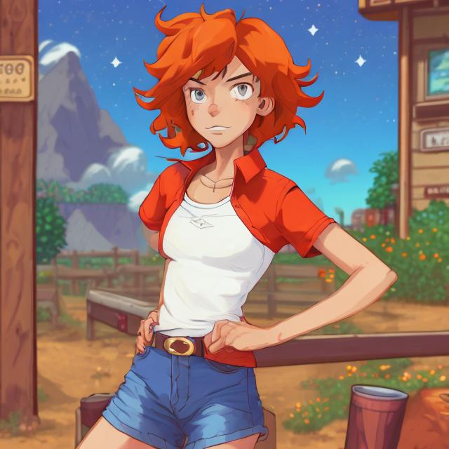 Prompt: a cartoon picture of a woman with a red shirt and blue shorts, cowboy bebop art style, by Tracy Harris, tamborine, stardew valley, orange - haired anime boy, she is about 21 years old, inspired by Francis Bourgeois, disney's bambi cat, distant full body shot