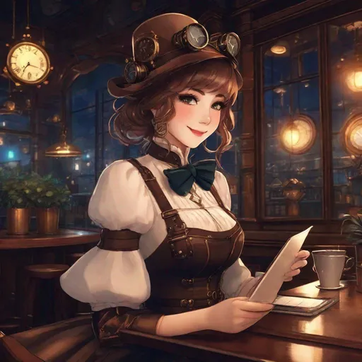 Prompt: Last cup of coffee, steampunk style, cafe at night, 8k, lofi girl ordering coffee, smile
