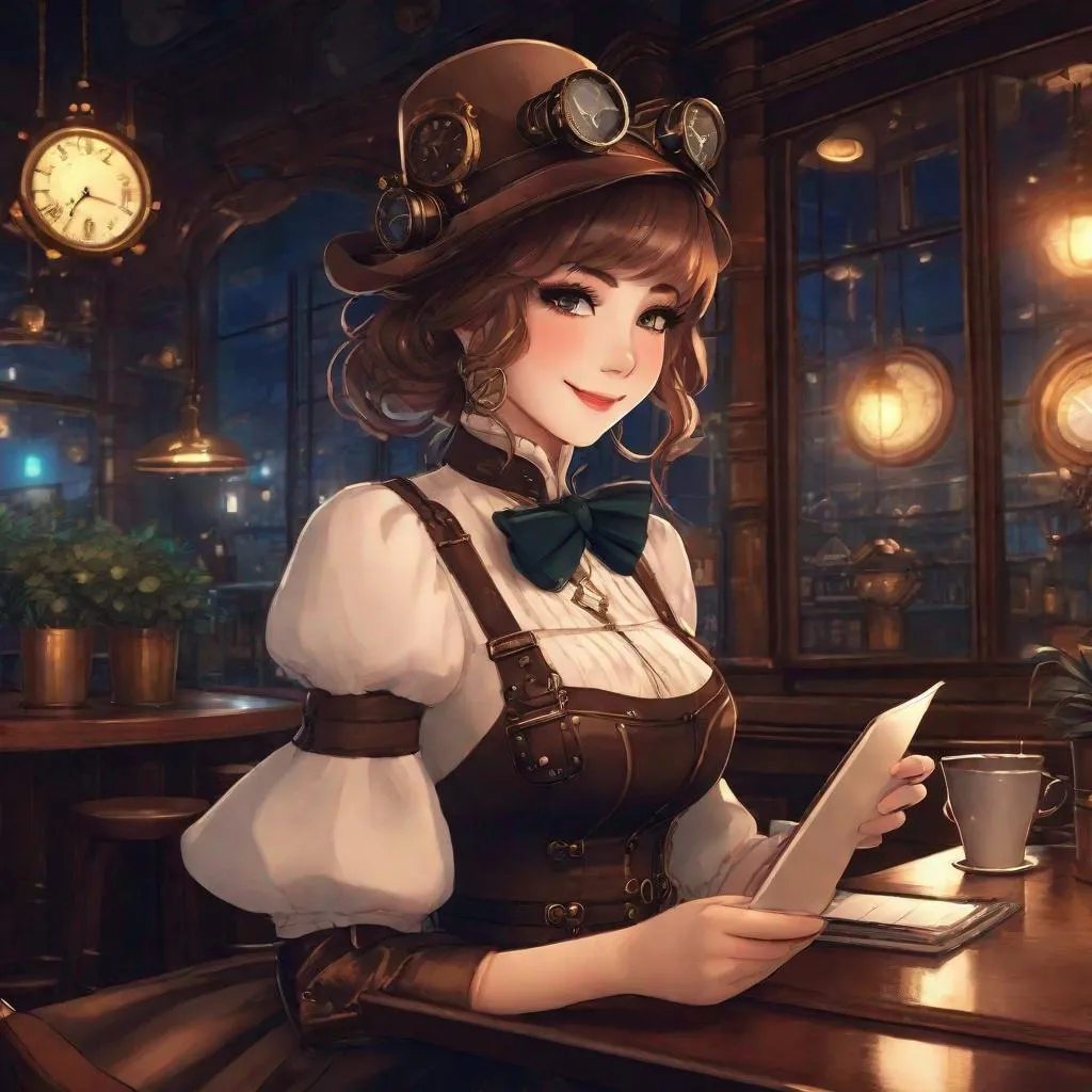 Prompt: Last cup of coffee, steampunk style, cafe at night, 8k, lofi girl ordering coffee, smile