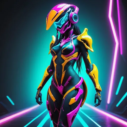 Prompt: (masterpiece, best quality, detailed, vibrant colors, fluorescent, glowing), synthwave, pop art,  (solo), 1girl, mechanical legs, warframe style, poison, neon colors, high tech visor headdress, heels, sleek, neotech, glowwave, <lora:NeoFuturisticTech-20:0.8> <lora:glowwave:1.0>