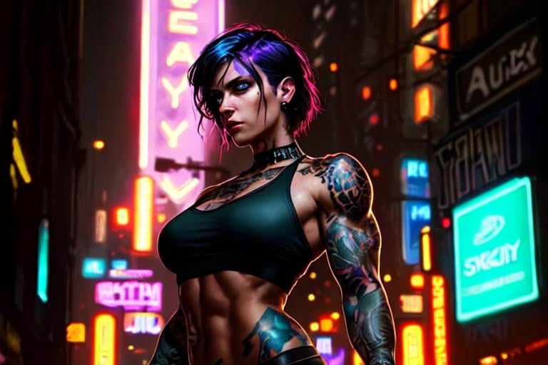 Prompt: beautiful pale cyberpunk muscular female with heavy black eyeliner, black tube top, black yoga tights, blue eyes,  short hair, tattoos, hyper detail, cinematic lighting, neon hair, neon light city, 4k, trending on artstation, pixiv, perfect detail, Jeremy Mann, Rutkowski, and other Artstation illustrators, intricate details, face, full body portrait, headshot, illustration, UHD, 4K, high resolution face, detailed face, high definition eyes, detailed eyes