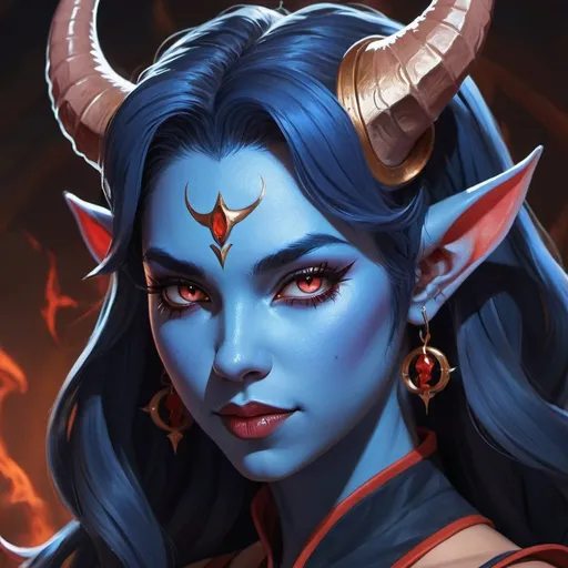 Prompt: a close up of a woman with horns and a demon face, blue tiefling, tiefling, demon girl, portrait of demon girl, cosmic tiefling d&d, tiefling from d & d, girl design lush horns, dnd portrait of a tiefling, painted in the style arcane, demon anime girl, portrait of a female demon, oni horns