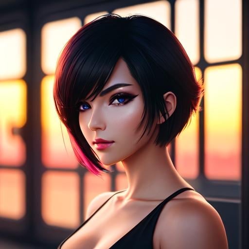 Prompt: portrait photo of a stylish beautiful girl in a future convenience store, asymmetric hair cut, cyberpunk aesthetic, heavenly beauty, 8k, 50mm, f/1. 4, high detail, sharp focus, cowboy shot, perfect anatomy, arms behind back, sunshine on her face, sunset, window side