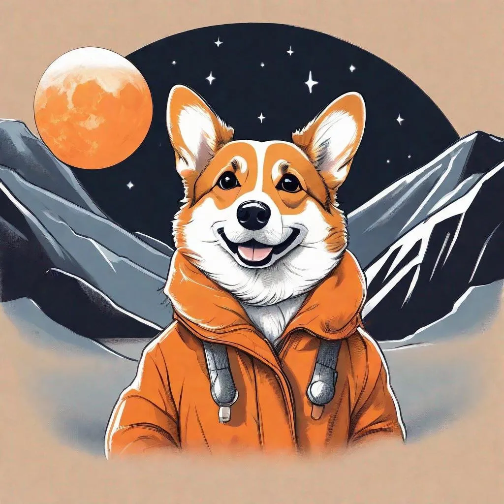 Prompt: portrait of anthropomorphic corgi looking at the moon backwards, wearing a large orange coat, sunny mountain, happy, 8k, 