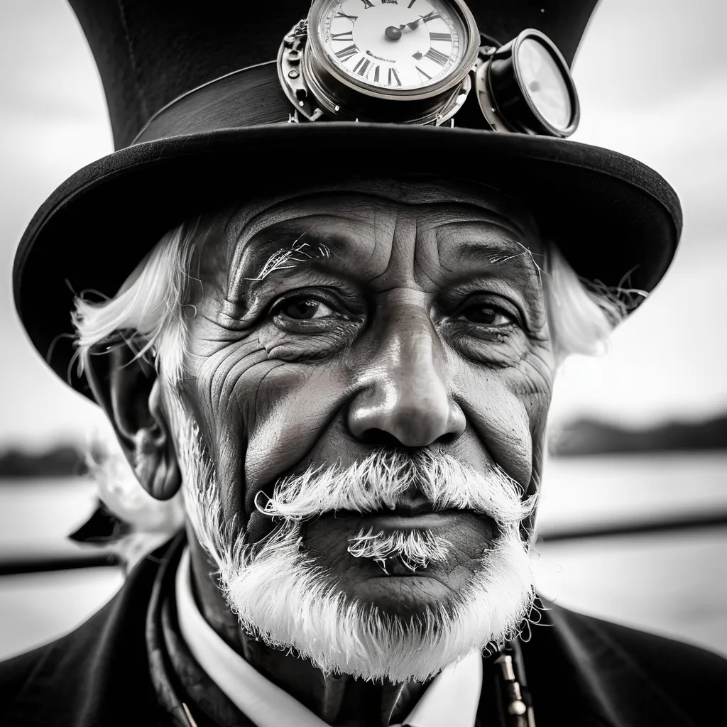 Prompt: portrait of an elderly man with painted face, in the style of steampunk, monumental ink paintings, i can't believe how beautiful this is, black and white ink drawings, maritime scenes, mixed media marvel, canon 7 --ar 35:64 --stylize 750 --v 5. 2