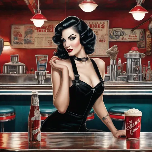 Prompt: woman in a black dress sitting at a bar, at a 50's diner, very very pale white skin, portrait featured on unsplash, pinup. lord of daggers, wearing dirty overalls, sasha grey, light-red lips, female anthropomorphic wolf, darren quach, roadster, in las vegas, high resolution print