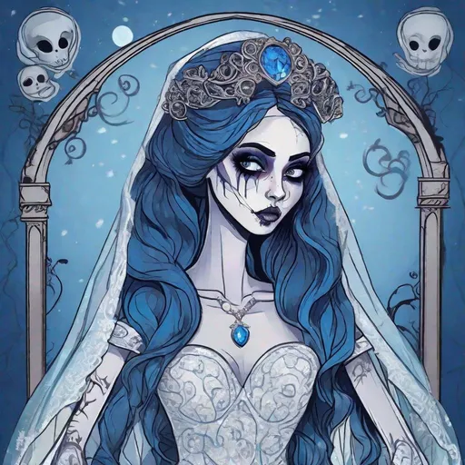 Prompt: a cartoon picture of a woman dressed in a wedding dress, corpse bride art style, prosthetic, blue moonlight, by Zoë Mozert, featured on artstation, ever after high, severed limbs, is totally sad and cries, wrapped arms, instagram art, unusually unique beauty, hollywood promotional image, tarot cards characters, trending on attestation, gory