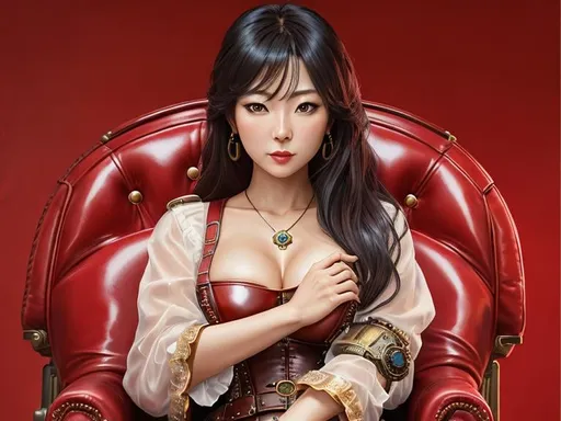 Prompt: A oil Painting of Yunjin Kim, a female steampunk boss, red leather chair as background, Full-body portrait, detailed beautiful eyes, epic full moon in background, urban city, windy with clouds, 8k, dim lighting