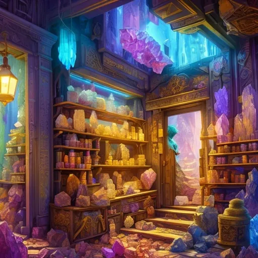 Prompt: hyperdetailed digital painting knolling of a shop selling crystals, fantasy, matte painting 8k,  ambient lighting, BehanceHD, Artstation CGSociety, Sketchfab, volumetric lighting, deep colours. trending on artstation, 8k, masterpiece, graffiti paint, fine detail, full of color, intricate detail, golden ratio illustration
