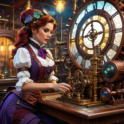 Prompt: Ultra detailed steampunk girl of steam working in lab, multicolor, swirling gears Modifiers: trending on Artstation highly detailed digital painting intricate very attractive beautiful high detail fantastic view 4K 3D high definition Unreal Engine colourful cinematic postprocessing steampunk concept art James Gurney,  blues, red, greens, purple and yellow complementary colours