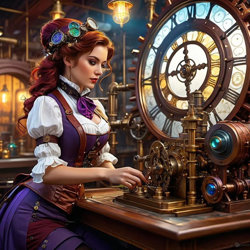 Prompt: Ultra detailed steampunk girl of steam working in lab, multicolor, swirling gears Modifiers: trending on Artstation highly detailed digital painting intricate very attractive beautiful high detail fantastic view 4K 3D high definition Unreal Engine colourful cinematic postprocessing steampunk concept art James Gurney,  blues, red, greens, purple and yellow complementary colours