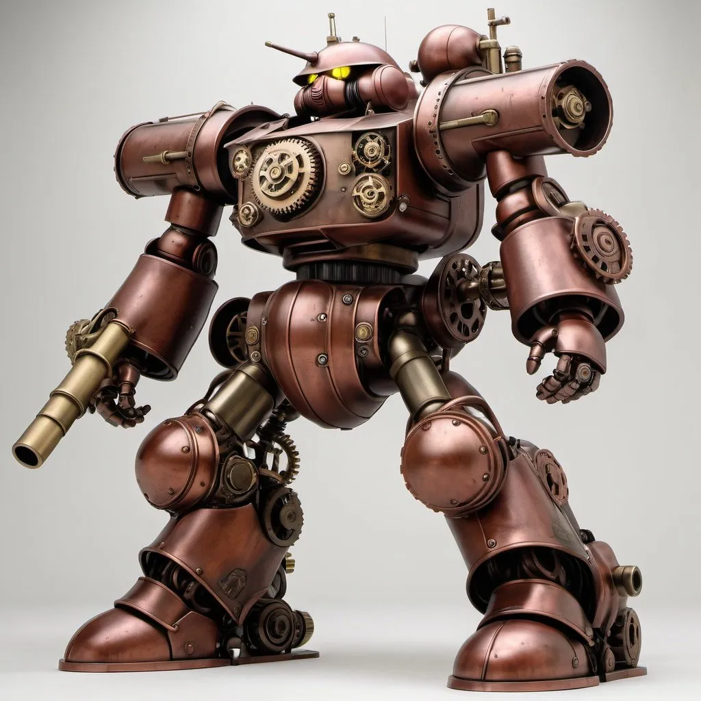 Prompt: an image of a Zaku II, fully rendered in a steampunk style. The Zaku II should be intricately detailed with Victorian-era mechanical elements such as gears, copper pipes, and steam valves. The primary material visible is red rusted metal, giving it an aged yet formidable appearance. Emphasize the contrast between the worn metal textures and the sophistication of steampunk aesthetics. The Zaku should pose in a dynamic stance, suggesting movement or readiness for battle