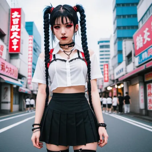 Prompt: vaporwave japan city, anime girl wearing chain accessories, spike choker, all black skirt, sheer white shirt, lace gothic, septum nose piercing, dark hair with red streaks in two braided pigtails