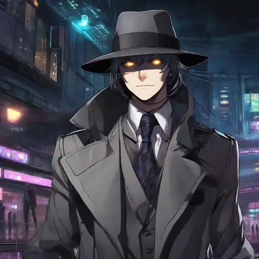 Prompt: there is a man in a hat and coat with a tie, dark cyberpunk illustration, creepypasta, glowing grey eyes, cyborg - girl, withered, mottling coloring, humanisation, unmasked, test subject, evening starlight, trustworthy, necro, half android, painted face, the shrike, leering