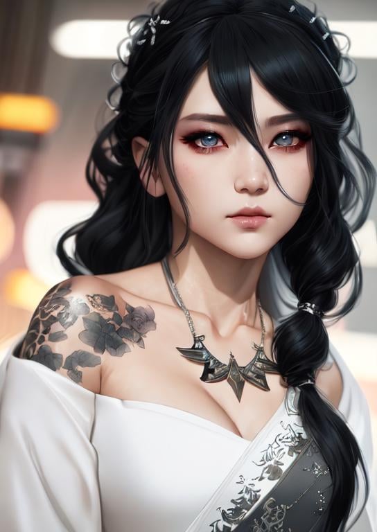 Prompt: mdjrny-v4 style, white hair, a young South Korean girl with medium-length white hair, a highly detailed face by Greg Rutkowski and Magali Villeneuve, wearing white wedding dress with choker, beautiful eyes, toned body, cinematic lighting, Hyperrealism, 8k uhd,brushwork, dappled light, vivid colors, evocative atmosphere, expressive movement, painterly textures, intricate design and details, hyper detailed, hyper realistic, 4d dimension, ultra-detailed, highest detail quality, ultra-realistic, photography lighting --ar 25:31 --quality 2 --s 750 --v 5. 1