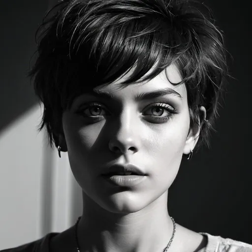 Prompt: dramatic portrait of a young woman with a stylish haircut and piercing eyes. The photo is shot in a high-contrast style, with strong shadows and highlights, emphasizing the model's sharp features. The photo was taken with a film camera, using a fast prime lens, which gives the image a gritty and raw feel. The portrait is perfect for use in fashion magazines, advertising campaigns, or as a striking wall art print.