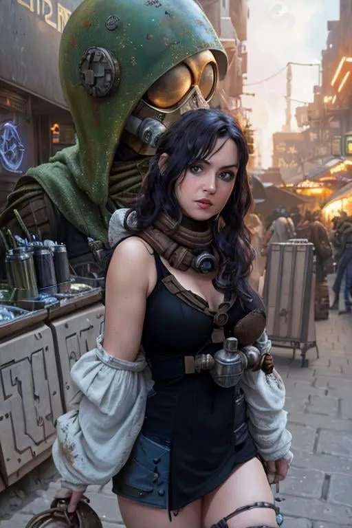 Prompt: star wars, a female steampunk merchant with gasmask attachment to metal rusty helm showing random alien artifacts in a stall with alien writing, busy marketplace at different aliens, Full-body portrait, detailed beautiful eyes, epic full moon in background, dark city, windy with clouds, 8k, dim lighting, by Frank Frazetta and Wally Wood 