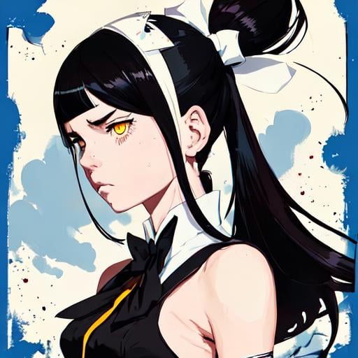 Prompt: Highly detailed portrait of a Anime girl, straight a student, wearing black and white dress, white headband, blue eyes, white hair by atey ghailan, by greg rutkowski, by greg tocchini, by james gilleard, by joe fenton, by kaethe butcher, gradient yellow, black, brown and magenta color scheme, grunge aesthetic!!! graffiti tag wall background