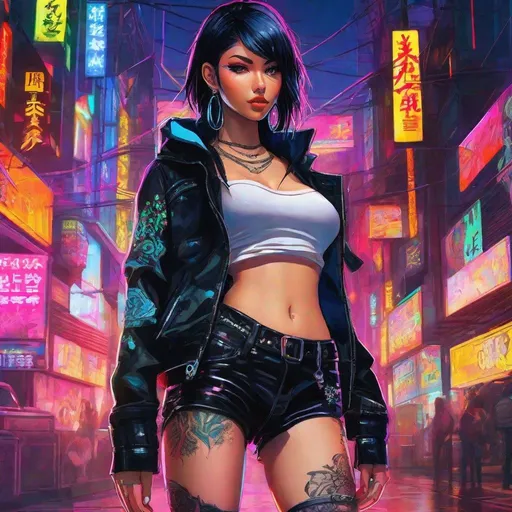 Prompt: anime artwork A photo of a punk-inspired, edgy-looking young woman with a slender frame, black hair, wearing dystopian fashion, low-rise pants, a revealing crop top, showing off her midriff and adorned with intricate tattoos, captured in a neon-lit Neotokyo suburb. . anime style, key visual, vibrant, studio anime, highly detailed