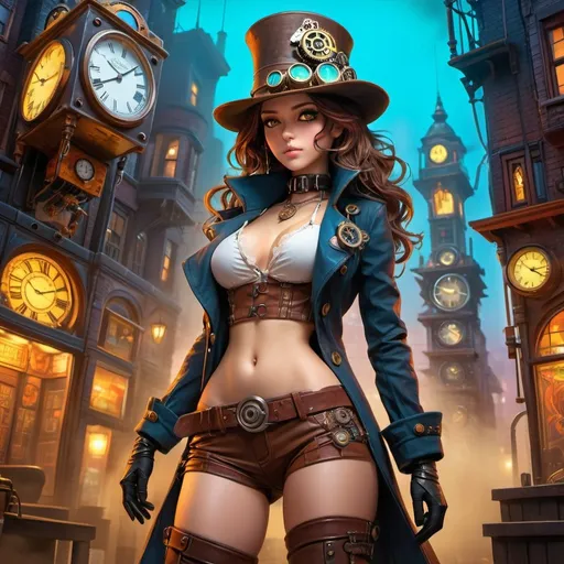 Prompt: score_9, score_8_up, score_7_up, score_6_up,
rating_questionable, masterpiece, best quality, highly detailed, expressive,  an image of a vibrant, color-saturated pop-up book. steampunk detective woman wearing low rise pants and thigh high boots crop top and jacket, thigh gap, intricate clockwork city, evening, dark, atmospheric, mist, silly, comfty, vivid alluring eyes, best quality masterpiece, detailed, 8k, HDR, shallow depth of field, broad light, high contrast, backlighting, bloom, light sparkles, chromatic aberration, smooth, sharp focus, prompt saving