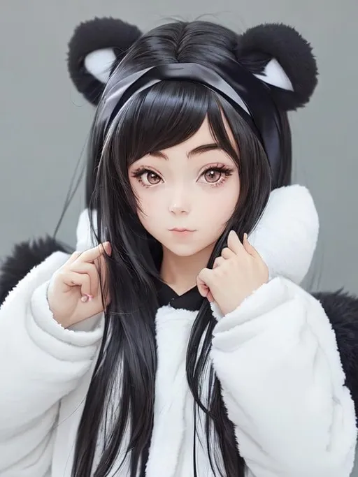 Prompt: anime girl in panda cosplay, black panda ears headband, black long hair, white furry jacket with black sleeves, brown eyes, black hoodie, 