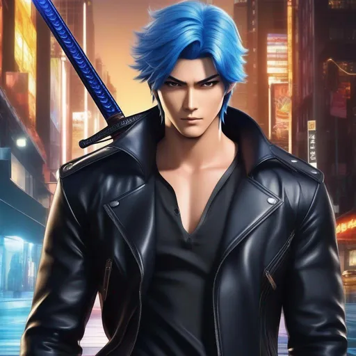 Prompt: anime character with blue hair and black leather jacket holding a sword, webtoons, photoreal details, kazuya takahashi, realistic portrait full body, photo style of shawn paul tan, vantablack gi, city hunter, netfilx !n-9, ben lo, korean idol, photorealistic, character close-up, still from the avengers, promotional poster, brown flowing hair, furr covering her chest, tactical squads :9, editorial photo from magazine, roof background, as a tarot card