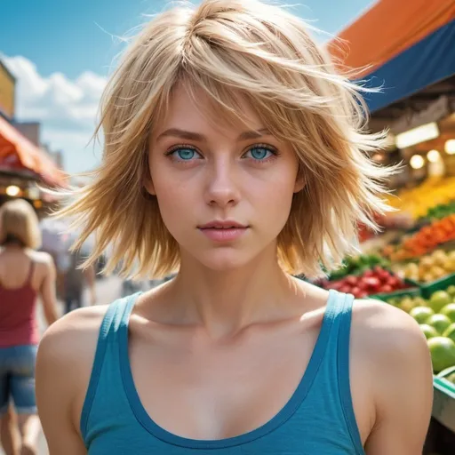 Prompt: (masterpiece, best quality, highres:1.2) , (intricate and beautiful:1.2) , (detailed light:1.2) , (colorful, dynamic angle) , (upper body shot:1.3) , fashion photography of beautiful, intense blonde hair female, marine blue eyes, shaggy cut, bob hair, cyan tank top, jeans shorts, colorful, soft light passing through hair, looking at viewer, (beautiful scenery background,market:1.3) , (cinematic) , (more details:1.3)