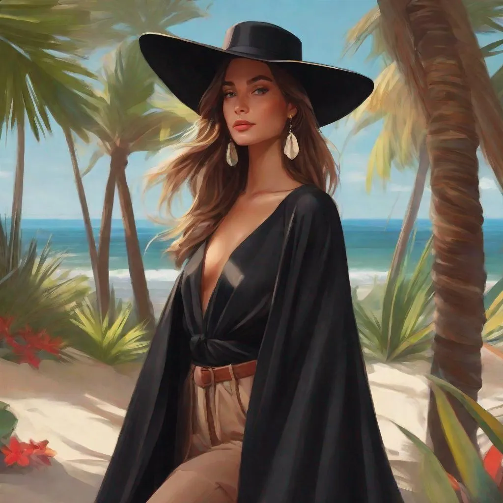 Prompt: there is a woman wearing a black hat and a black cape, inspired by sylvain sarrailh, trending on artstation, tropical vibe, boho chic, very anime, streaming on twitch, inspired by Dorothy Hood, magali villeneuve', blessing palms, beach aesthetic