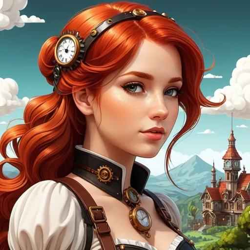 Prompt: a simple cartoon of a beautiful 25 year old woman with red hair, white background, steampunk style, I can't believe how beautiful this is, pixel art style, high saturation, vibrant hues of an enchanting landscape contained within glass, steampunk, metal creatures visible through the transparency, forged of metal elements, depth illusion created by pixel gradient, ambient occlusion for a tactile feel, pixel-perfect illumination, 8-bit charm, ultrafine details, nostalgic aesthetic.