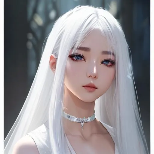 Prompt: mdjrny-v4 style, white hair, a young South Korean girl with medium-length white hair, a highly detailed face by Greg Rutkowski and Magali Villeneuve, wearing white wedding dress with choker, beautiful eyes, toned body, cinematic lighting, Hyperrealism, 8k uhd,brushwork, dappled light, vivid colors, evocative atmosphere, expressive movement, painterly textures, intricate design and details, hyper detailed, hyper realistic, 4d dimension, ultra-detailed, highest detail quality, ultra-realistic, photography lighting --ar 25:31 --quality 2 --s 750 --v 5. 1